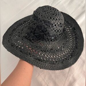 Betmar New York - Black Straw Sun Hat w/ Sequins, Grosgrain Ribbon Flower Detail